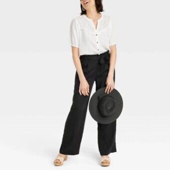 Knox Rose Plus Size Eyelet Textured Button Down Short Sleeve Blouse- White - Picture 13 of 13